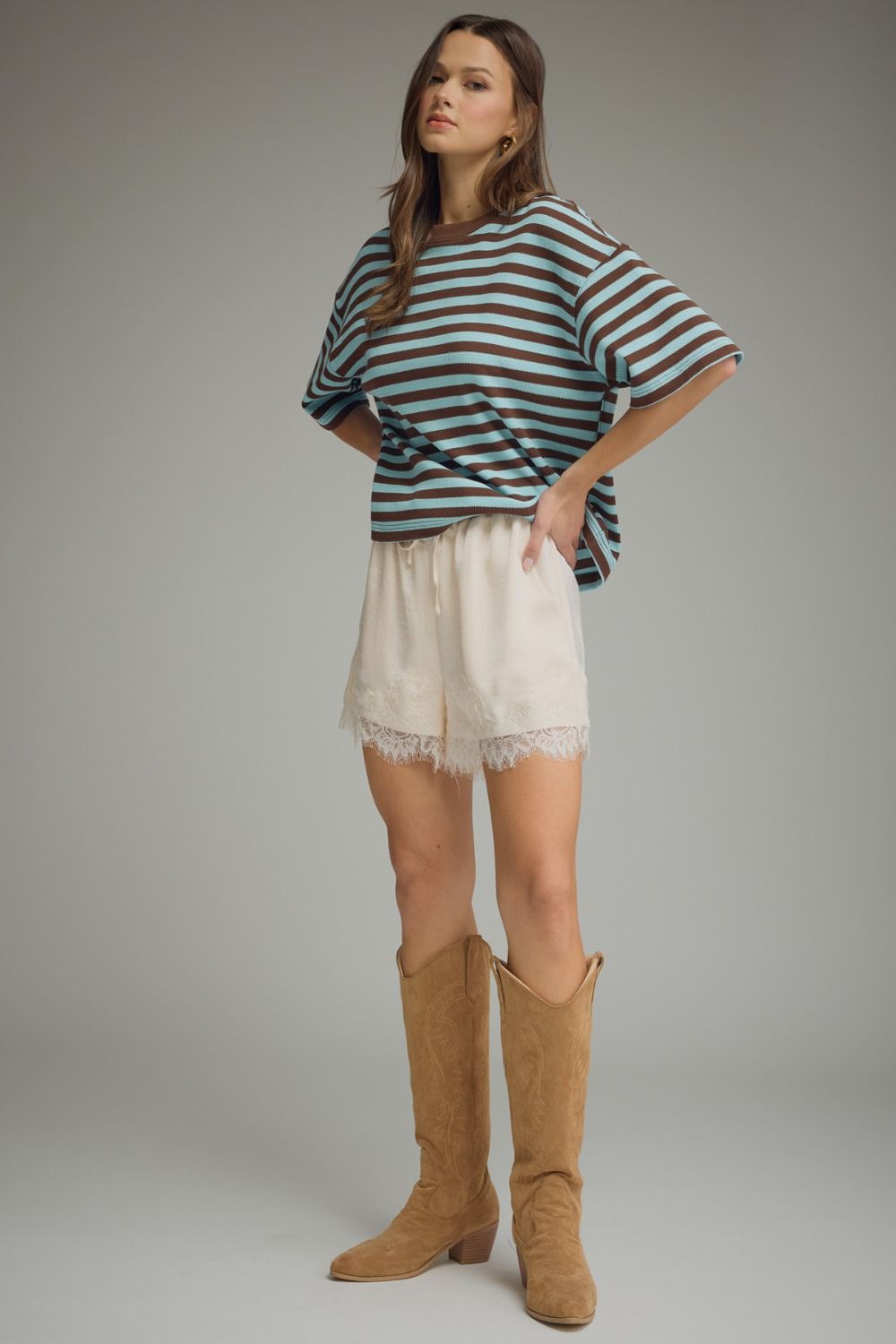 ENTRO INC Women's Top Ribbed Striped Short Sleeve Top