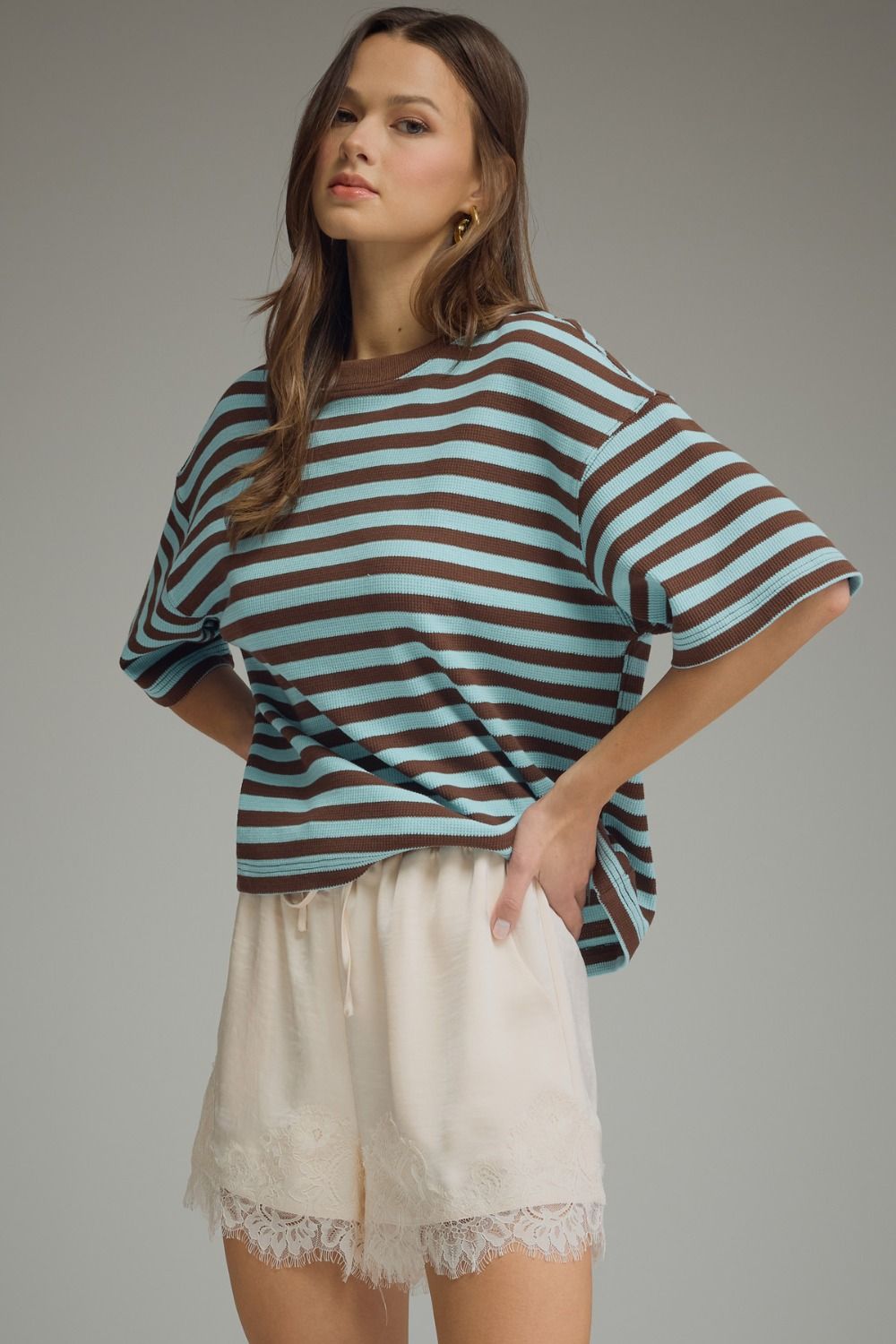 ENTRO INC Women's Top Ribbed Striped Short Sleeve Top