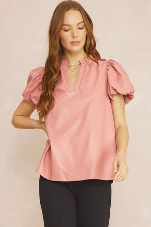 ENTRO INC Women's Top SALMON / S Faux Leather Short Sleeve V-Neck Top || David's Clothing T21104