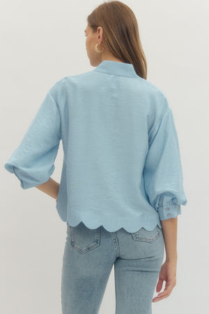 ENTRO INC Women's Top Solid 3/4 Sleeve Scallop Hem V-Cut Top