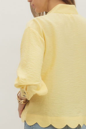 ENTRO INC Women's Top Solid 3/4 Sleeve Scallop Hem V-Cut Top