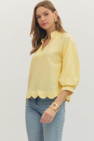 ENTRO INC Women's Top Solid 3/4 Sleeve Scallop Hem V-Cut Top