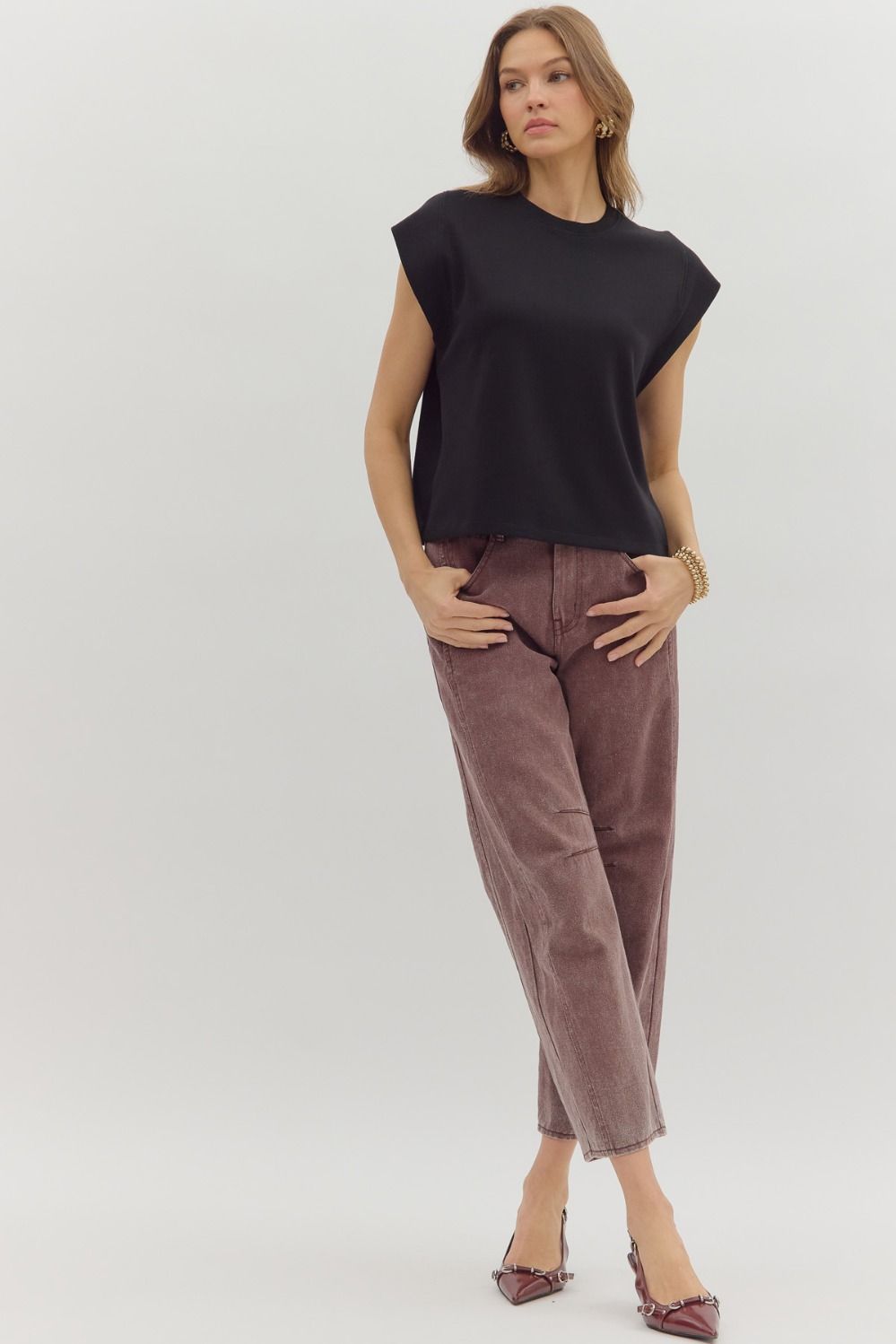 ENTRO INC Women's Top Solid Cap Sleeve Crew Neck Pullover Top