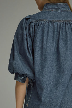 ENTRO INC Women's Top Solid ¾ Puff Sleeve Denim Top