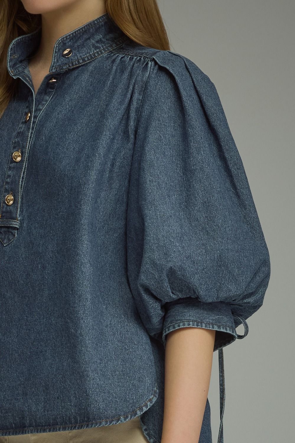 ENTRO INC Women's Top Solid ¾ Puff Sleeve Denim Top