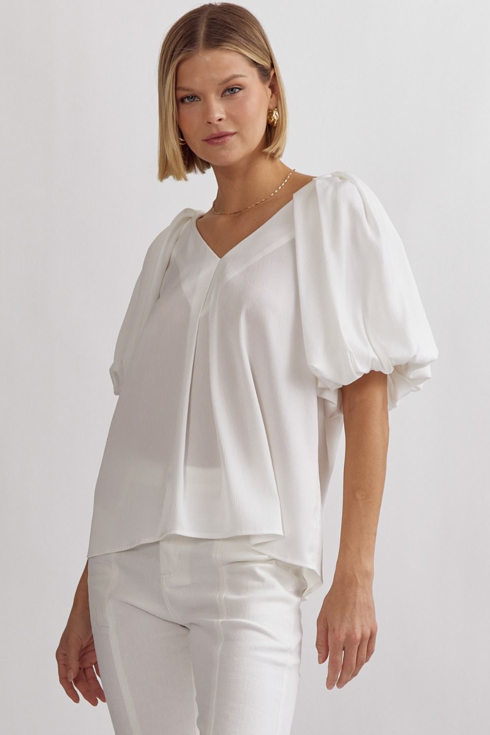 ENTRO INC Women's Top OFFWHITE / S Solid Satin V-Neck Bubble Sleeve Top || David's Clothing T21321