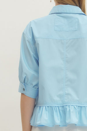 ENTRO INC Women's Top Solid Short Sleeve Ruffle Hem Button-Down Top