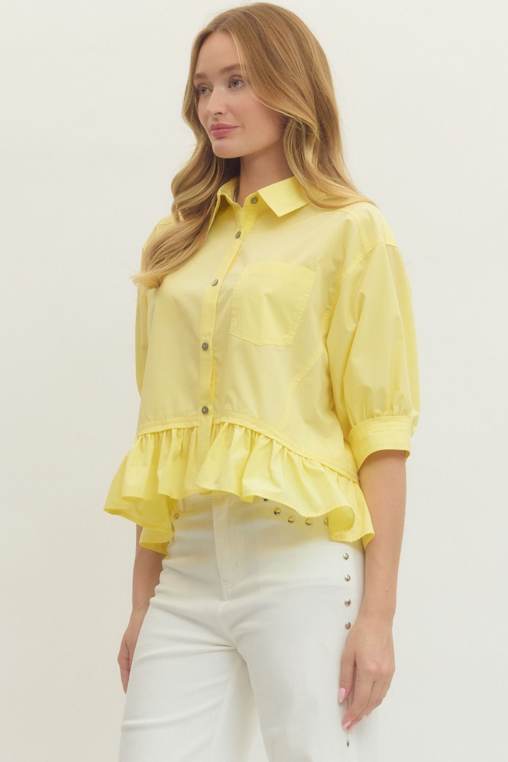 ENTRO INC Women's Top YELLOW / S Solid Short Sleeve Ruffle Hem Button-Down Top T28898