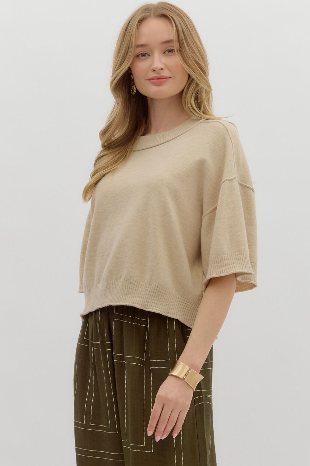 ENTRO INC Women's Top Solid Sweater Knit ¾ Wide Sleeve Pullover