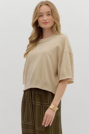 ENTRO INC Women's Top Solid Sweater Knit ¾ Wide Sleeve Pullover