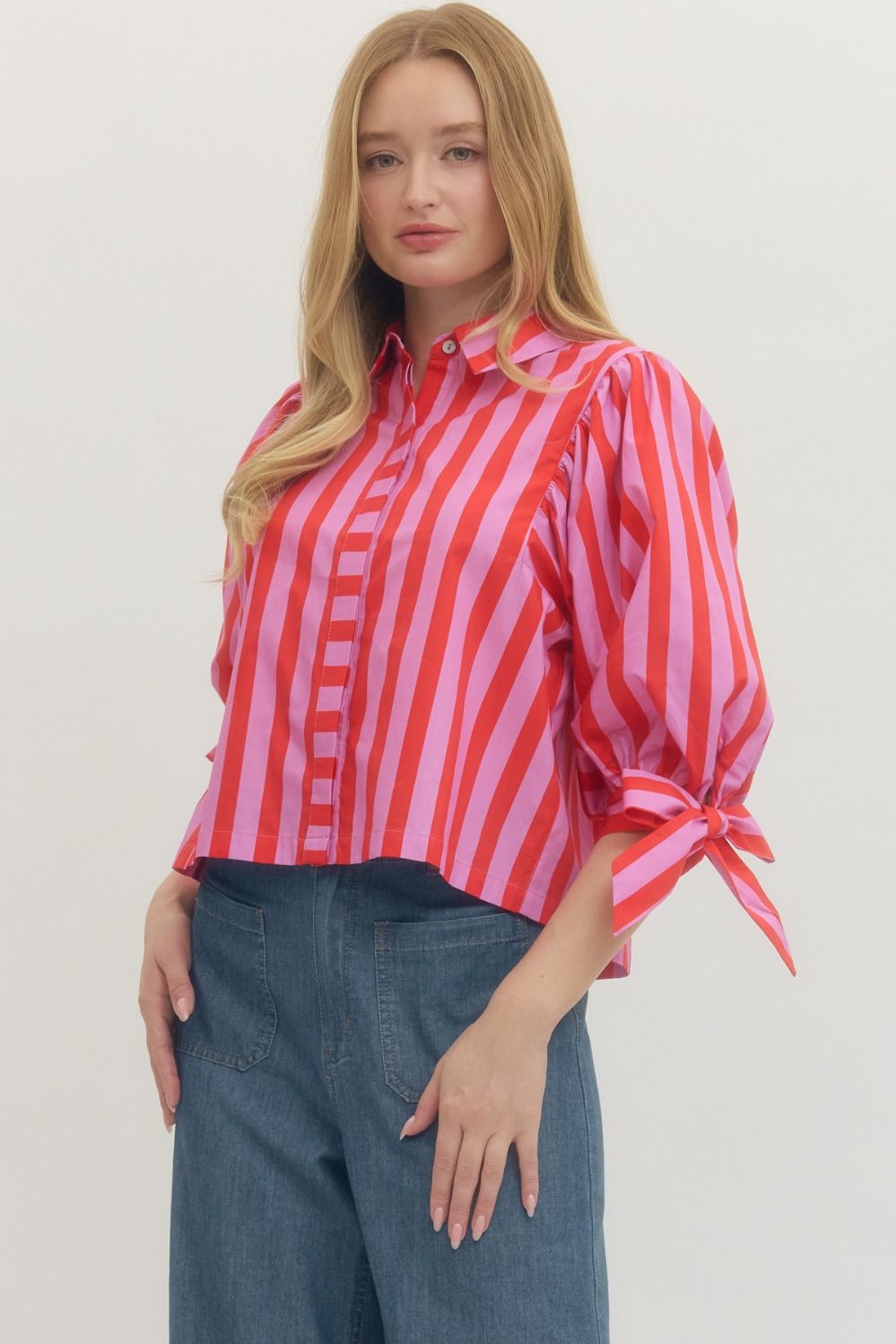 ENTRO INC Women's Top Striped 3/4 Puff Sleeve Woven Top