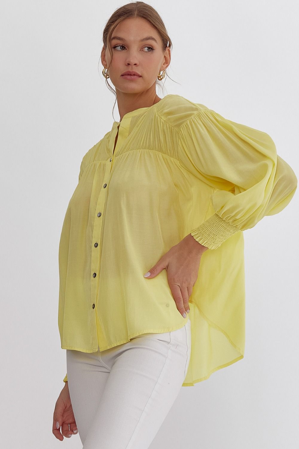 ENTRO INC Women's Top LEMONADE / S V-Neck Button Up Ls Crinkle Sleeve Top || David's Clothing T21942