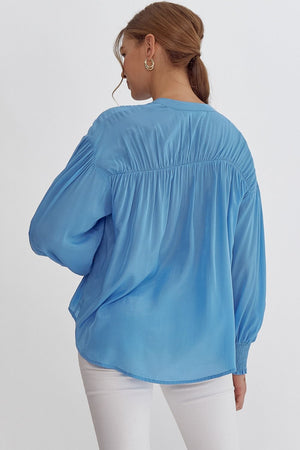 ENTRO INC Women's Top V-Neck Button Up Ls Crinkle Sleeve Top || David's Clothing