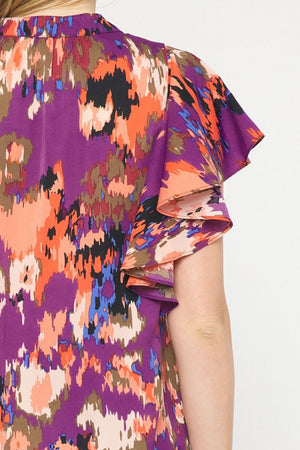 ENTRO INC Women's Top Watercolorprinted Pintuck Short Sleeve Top || David's Clothing