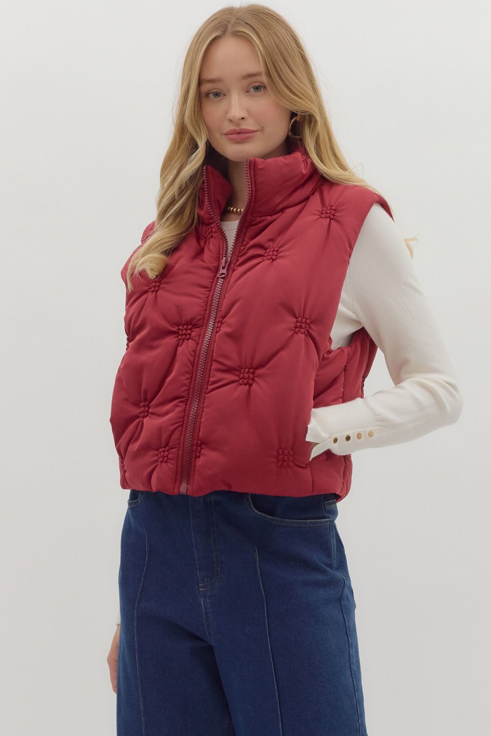 ENTRO INC Women's Vest BURGUNDY / S High Neck Sleeveless Zip-Front Quilted Puffer Vest J28120