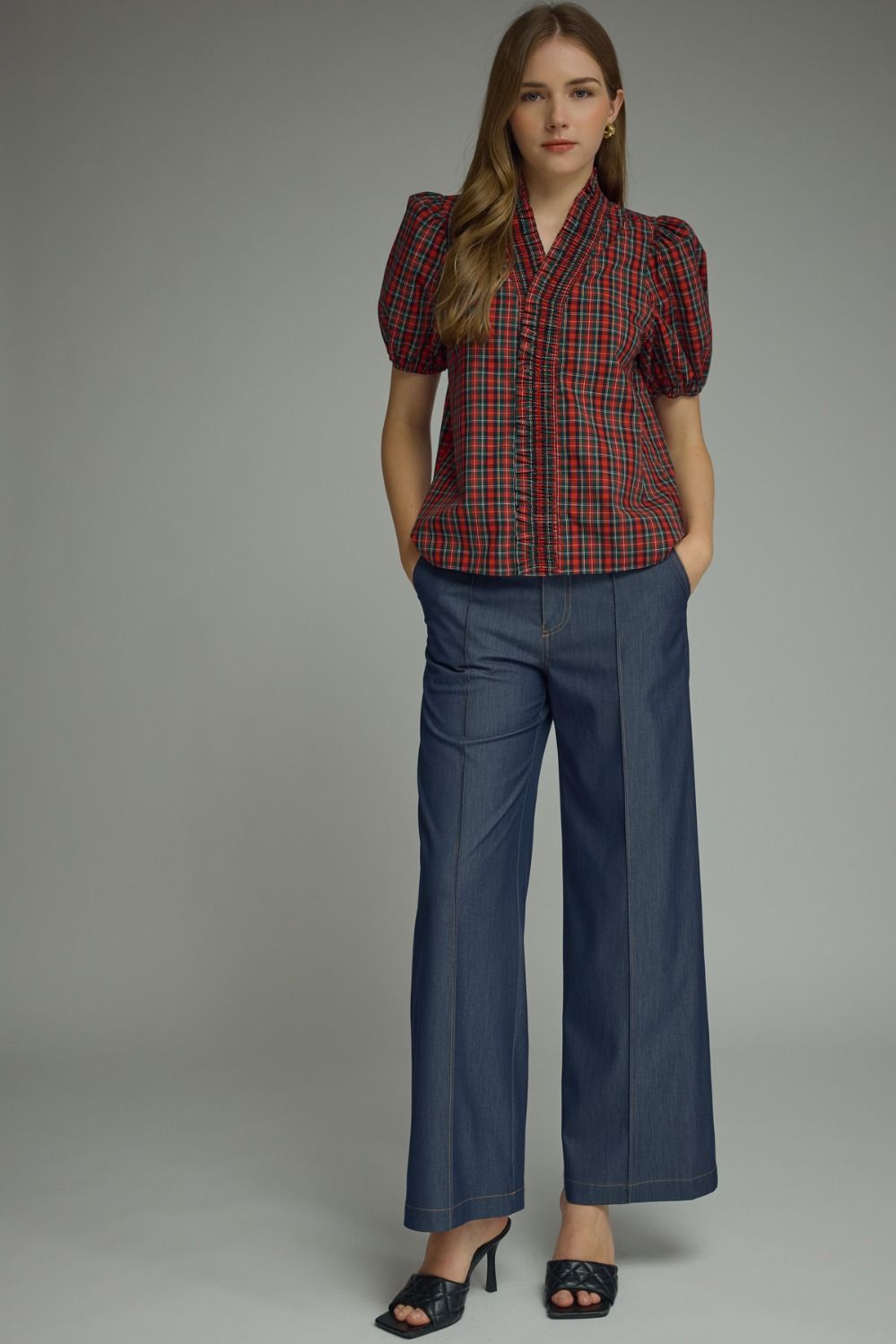 ENTRO INC Women's Woven Top Plaid Short Puff Sleeve Top