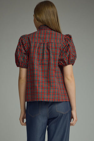 ENTRO INC Women's Woven Top Plaid Short Puff Sleeve Top