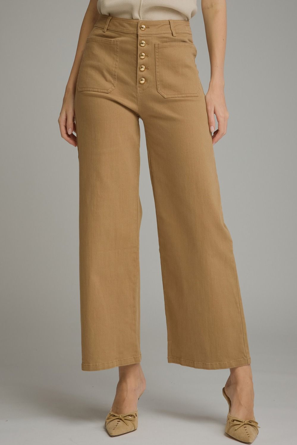 Solid Wide Leg Pants with Front Button Closure
