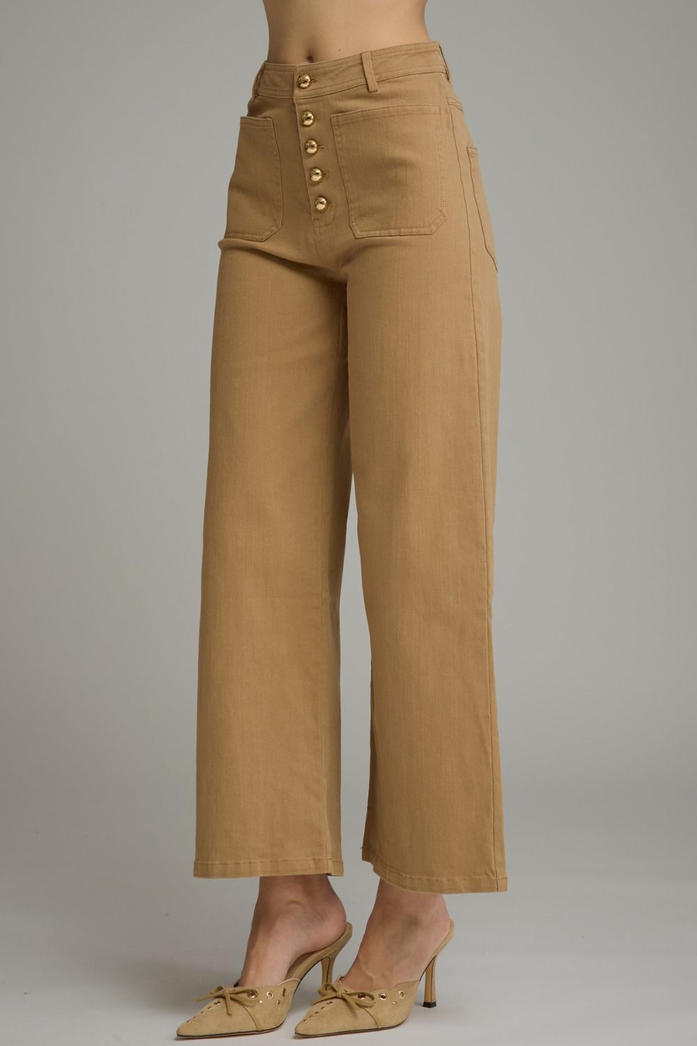 Solid Wide Leg Pants with Front Button Closure