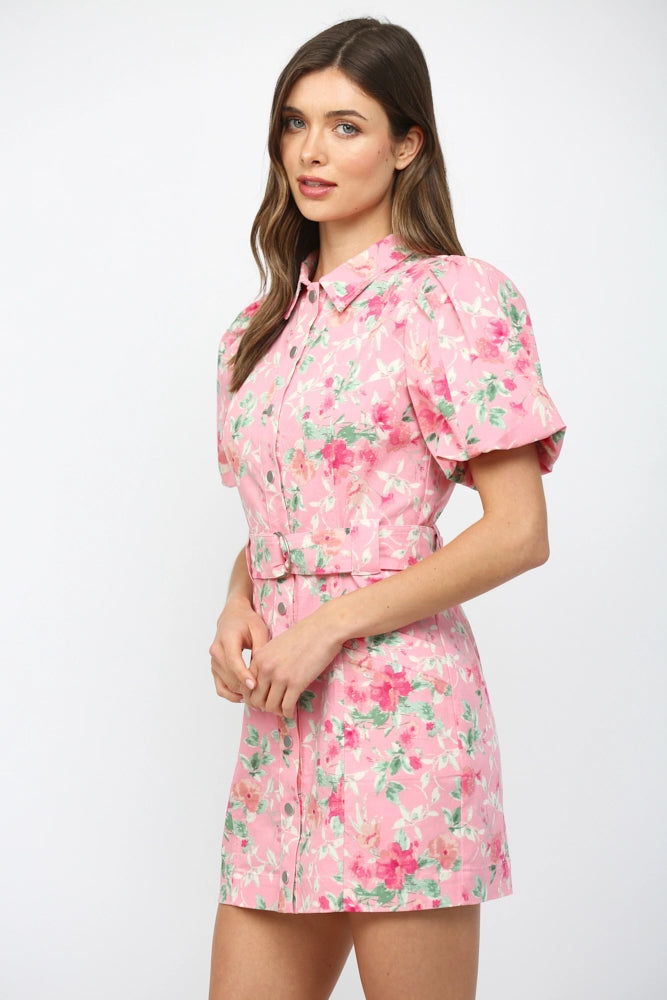 FATE BY LFD Women's Dresses Floral Print Belted Button Down Mini Dress