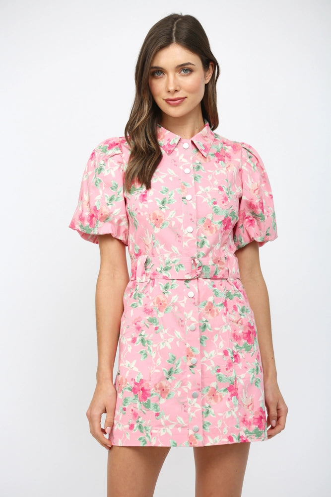 FATE BY LFD Women's Dresses Floral Print Belted Button Down Mini Dress