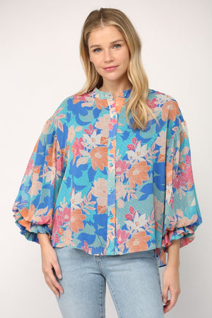 FATE BY LFD Women's Top BLUE / S Floral Print 3/4 Ballon Sleeve Blouse || David's Clothing FT8710