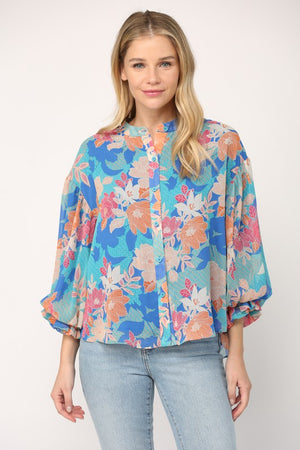 FATE BY LFD Women's Top Floral Print 3/4 Ballon Sleeve Blouse || David's Clothing