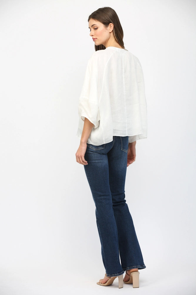 FATE BY LFD Women's Top Round Neckline Voluminous 3/4 Sleeve Linen Blouse