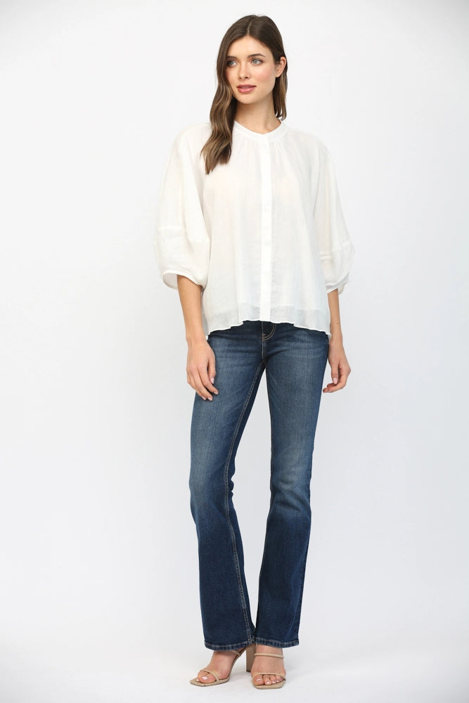 FATE BY LFD Women's Top Round Neckline Voluminous 3/4 Sleeve Linen Blouse