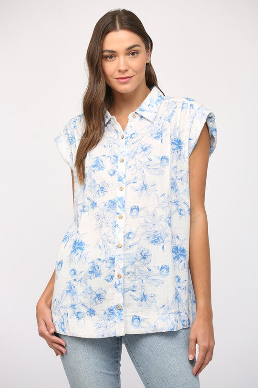 FATE BY LFD Women's Top Tucked Detail Printed Cotton Gauze Shirt || David's Clothing