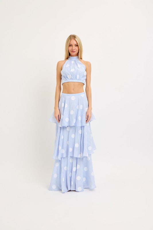 Big Polka Dot Halter Neck Top And Layerd Maxi Skirt Set