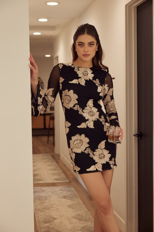 FORE COLLECTION Women's Dresses Bell Sleeve Soutache Mini Dress With Back Cut Out