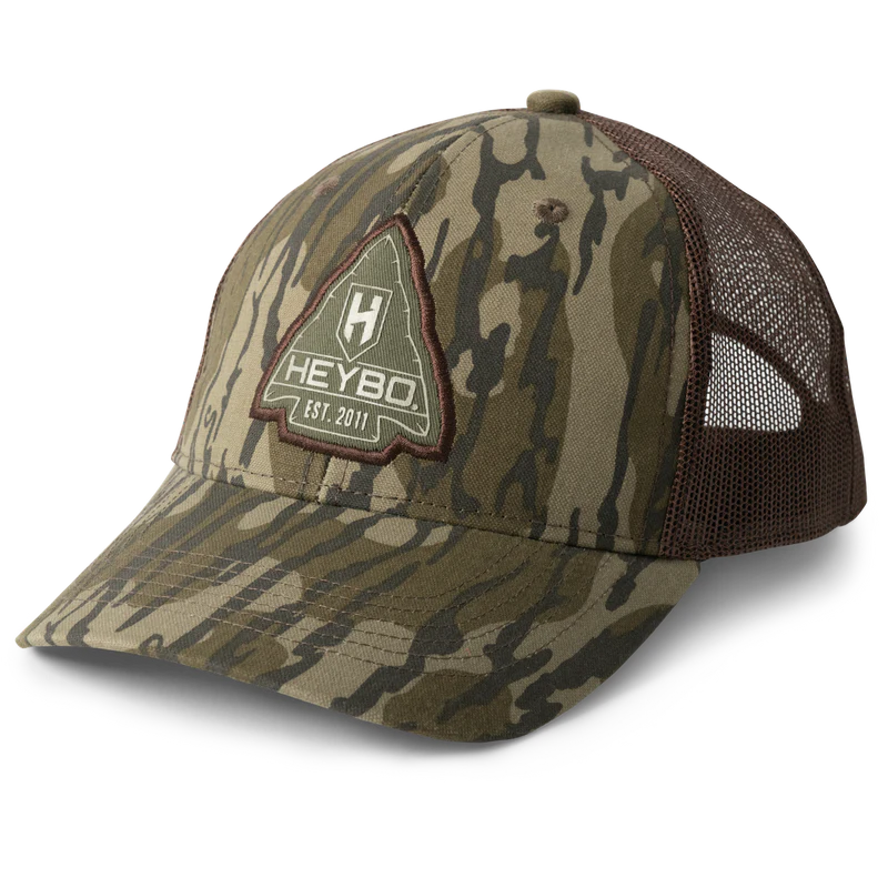 HEYBO OUTDOORS Men's Hats BOTTOMLAND CAMO Heybo Arrowhead Bottomland Trucker || David's Clothing HEY7499