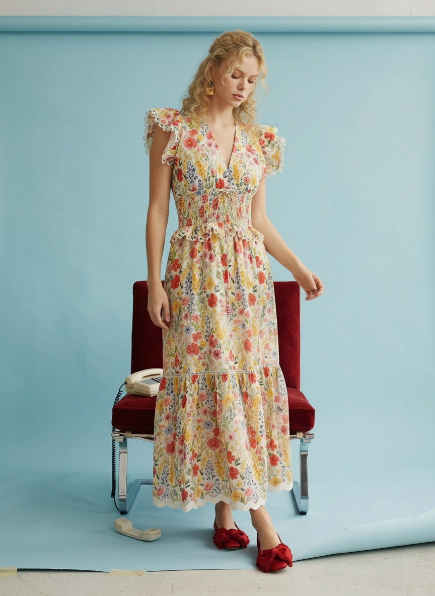 Floral Smocked Waist Ruffle Midi Dress