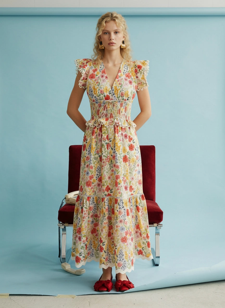 HEYSON Women's Dresses Floral Smocked Waist Ruffle Midi Dress