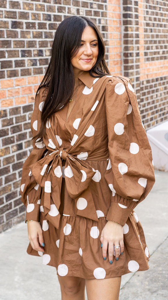 Polka Dot Long Sleeve Dress - BROWN/CREAM / L Polka Dot Long Sleeve Dress - BROWN/CREAM / L