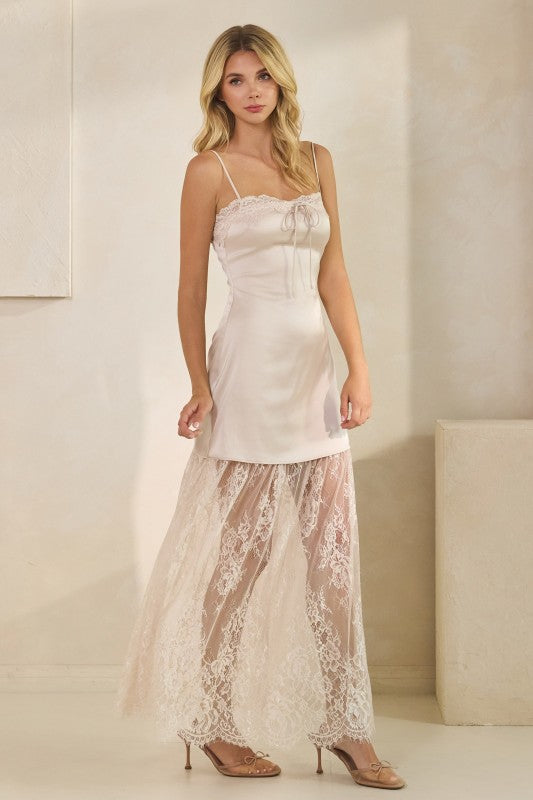 HONEY MANGO Women's Dresses Lace Trim Satin Maxi Slip Dress