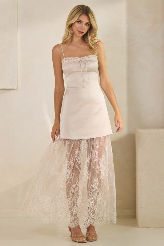 HONEY MANGO Women's Dresses Lace Trim Satin Maxi Slip Dress