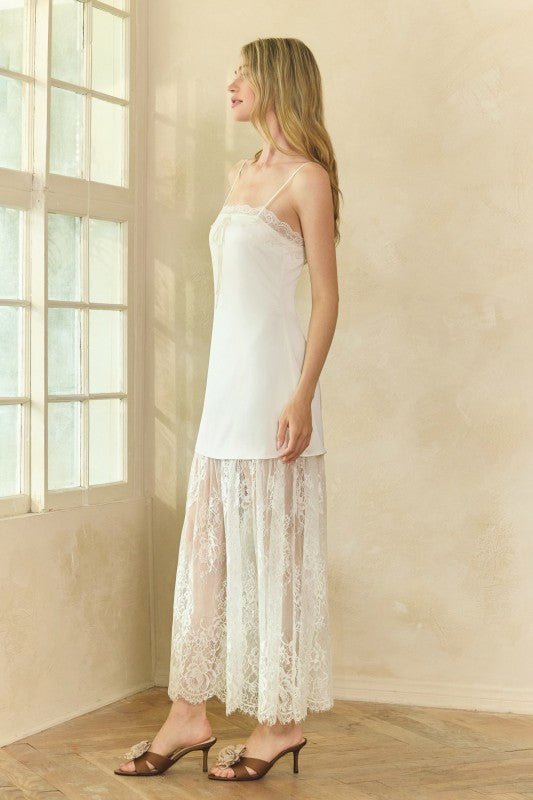 slip dress lace Lace Trim Satin Maxi Slip Dress