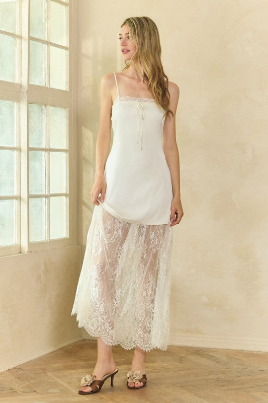 Lace Trim Satin Maxi Slip Dress - CHAMPHAG / M