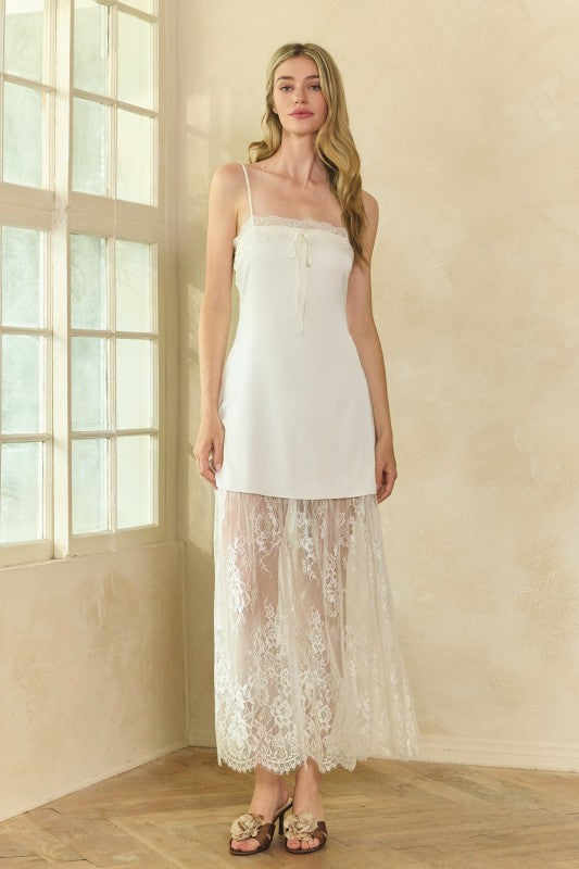 HONEY MANGO Women's Dresses OFFWHITE / S Lace Trim Satin Maxi Slip Dress MD2652