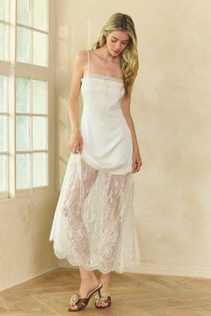 HONEY MANGO Women's Dresses OFFWHITE / S Lace Trim Satin Maxi Slip Dress MD2652