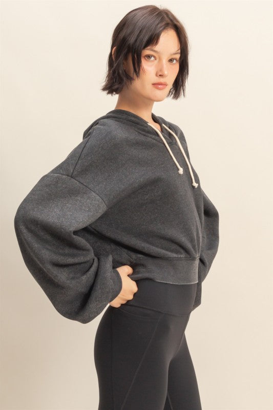 HYFVE INC. Women Jackets BLACK / S V-neck Drawstring Detail Long Sleeve Crop Hoodie DZ25E533