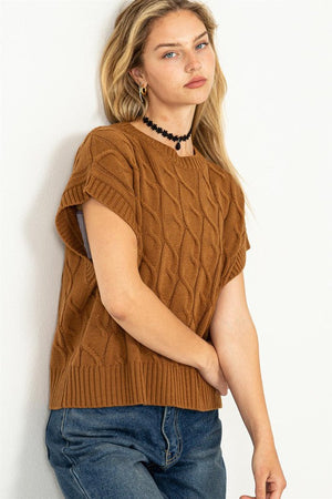 HYFVE INC. Women's Top BROWN / S Sleeveless Oversized Cable Knit Sweater Vest || David's Clothing DZ23E976