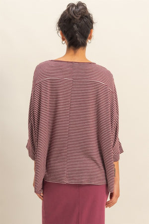 HYFVE INC. Women's Top Brushed Fabric Striped Oversized 3/4 Sleeve Top