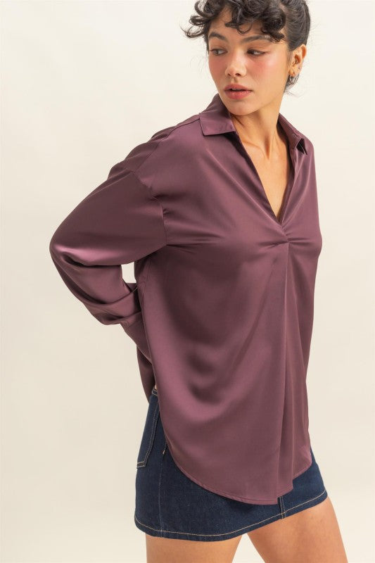 HYFVE INC. Women's Top DK CHERR / S Collared V-neck Satin Blouse DZ25C929