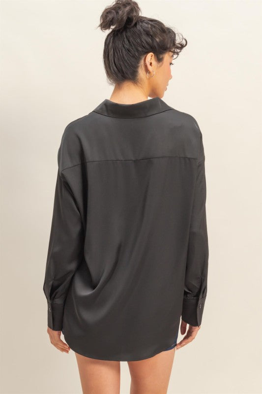 HYFVE INC. Women's Top Collared V-neck Satin Blouse