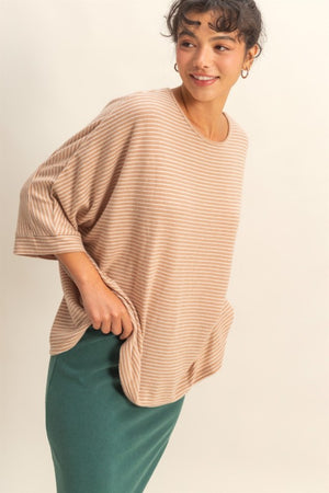 HYFVE INC. Women's Top DK TAUPE / S Brushed Fabric Striped Oversized 3/4 Sleeve Top DZ25F176