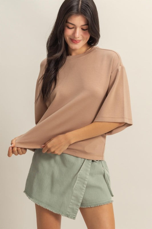 HYFVE INC. Women's Top DK TAUPE / S Scuba Drop Shoulder Everyday Basic Top || David's Clothing DZ26A467