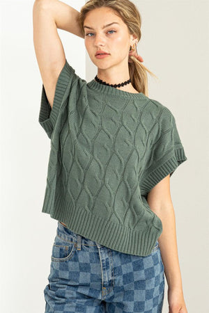HYFVE INC. Women's Top GREEN / S Sleeveless Oversized Cable Knit Sweater Vest || David's Clothing DZ23E976